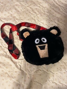Lazy One Kids Plush Bear Crossbody Bag - Black with Red Plaid Strap